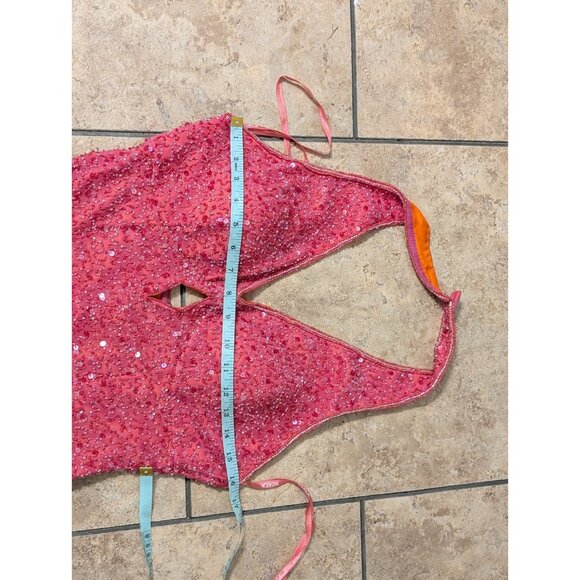 Vintage Y2K Scala Beaded Silk Halter Key Hole Backless Pink Double Slit Gown M - Picture 14 of 15